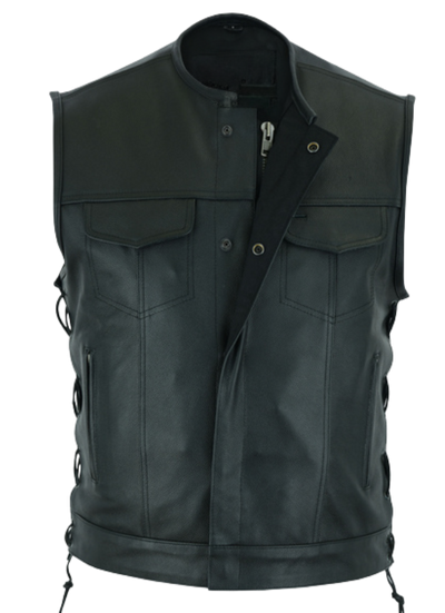 The Blade is our Premium black leather club style vest with&nbsp;Side Lace a unique feature for Club Style! It has a tab style collar, front snap and zipper closure. It has a solid panel back.&nbsp; Available for purchase in our shop in Smyrna, TN outside of Nashville.&nbsp; Available in sizes small through 5x.&nbsp; It has inside front pockets including a conceal carry pocket on each side. The front has upper flap closure pockets and lower front side zipper pockets.&nbsp;&nbsp;