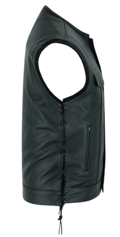 The Blade is our Premium black leather club style vest with Side Lace, a unique feature for Club Style! It has a tab style collar, front snap and zipper closure. It has a solid panel back. It has inside front pockets including a conceal carry pocket on each side. The front has upper flap closure pockets and lower front side zipper pockets. Available for purchase in our shop in Smyrna, TN outside of Nashville. Available in sizes small through 8x.