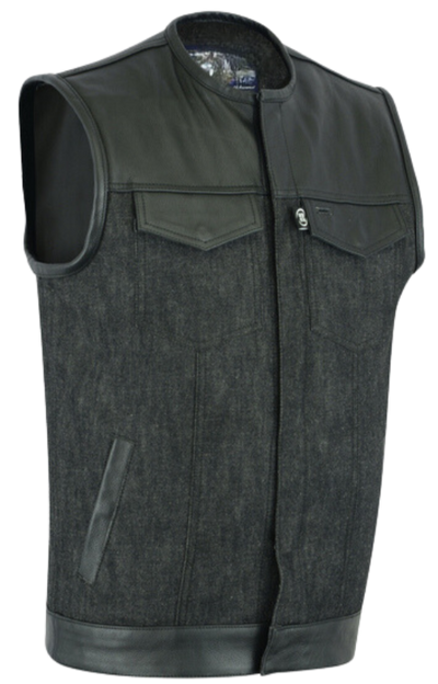 A Premium Denim/Leather club style vest is called the Phantom. It has a tab style collar, front snap closure.&nbsp; &nbsp;Available for purchase in our shop in Smyrna, TN outside of Nashville.&nbsp; Available in sizes small through 5x.&nbsp; It has inside front pockets including conceal carry pocket on each side. The front chest has upper flap closure pockets and lower front side pockets.&nbsp;&nbsp;