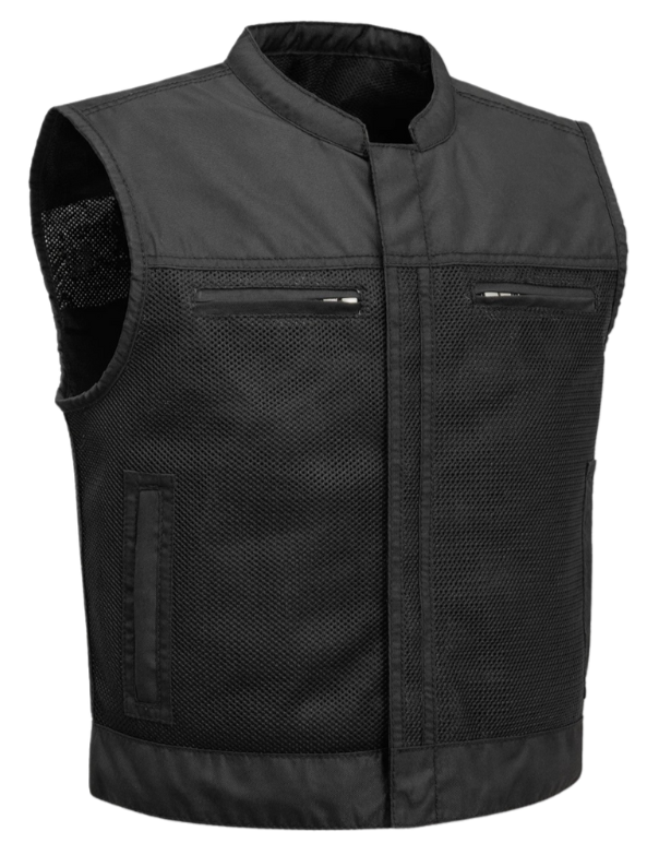 The Lowrider is our MESH vest in a proper club-style fit. Get that airflow you've always wanted for hot weather. This vest runs Two inches SHORTER than an average Club vest, for more comfort when you're on the motorcycle. It has conceal carry pockets, 2 zippered chest pockets, 2 side pockets. It's mesh lined, so it's great for riders in warmer climates, or layering. Stocked in our Smyrna, TN shop not far from Nashville. By FIRST MFG.  Available in sizes Small to 5XL.