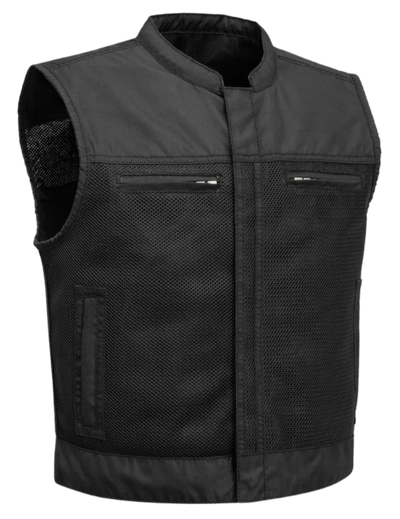 The Lowrider is our MESH vest in a proper club-style fit. Get that airflow you've always wanted for hot weather. This vest runs Two inches SHORTER than an average Club vest, for more comfort when you're on the motorcycle. After all, who wants your vest ballooning up around your shoulders? It's got our conceal carry pockets, 2 zippered chest pockets, 2 side pockets. It's mesh lined, so it's great for riders in warmer climates, or layering. Stocked in our Smyrna, TN shop not far from Nashville. by FIRST MAN.