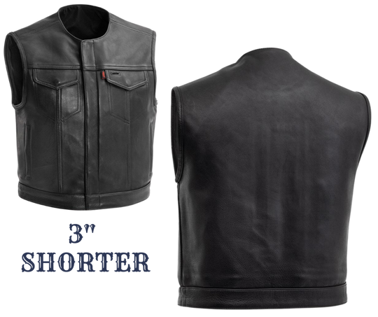 The Lowside is a club-style vest with a shorter and smaller fit. It's designed to prevent bunching up or lifting at the shoulders while riding, as it is 3 inches shorter than standard vests. It has a half size smaller fit in the chest than other vests. There are also conceal carry pockets, mesh lining, and a single back panel. With a rolled collar, this vest is for those who prefer a simpler look.  Stocked in Smyrna, TN, just a short ride from Nashville. By First Mfg. Available in sizes Small to 5XL.