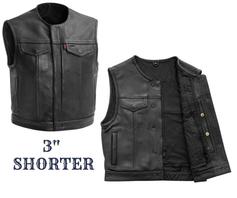 The Lowside is a club-style vest with a shorter and smaller fit. It's designed to prevent bunching up or lifting at the shoulders while riding, as it is 3 inches shorter than standard vests. It has a half size smaller fit in the chest than other vests. There are also conceal carry pockets, mesh lining, and a single back panel. With a rolled collar, this vest is for those who prefer a simpler look.  Stocked in Smyrna, TN, just a short ride from Nashville. By First Mfg. Available in sizes Small to 5XL.