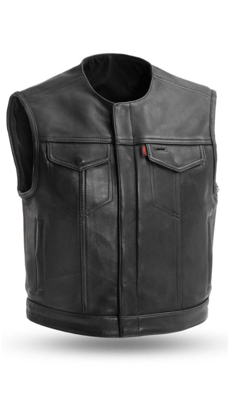 The Lowside is a club-style vest with a shorter and smaller fit. It's designed to prevent bunching up or lifting at the shoulders while riding, as it is 3 inches shorter than standard vests. It has a half size smaller fit in the chest than other vests. There are also conceal carry pockets, mesh lining, and a single back panel. With a rolled collar, this vest is for those who prefer a simpler look.  Stocked in Smyrna, TN, just a short ride from Nashville. By First Mfg. Available in sizes Small to 5XL.