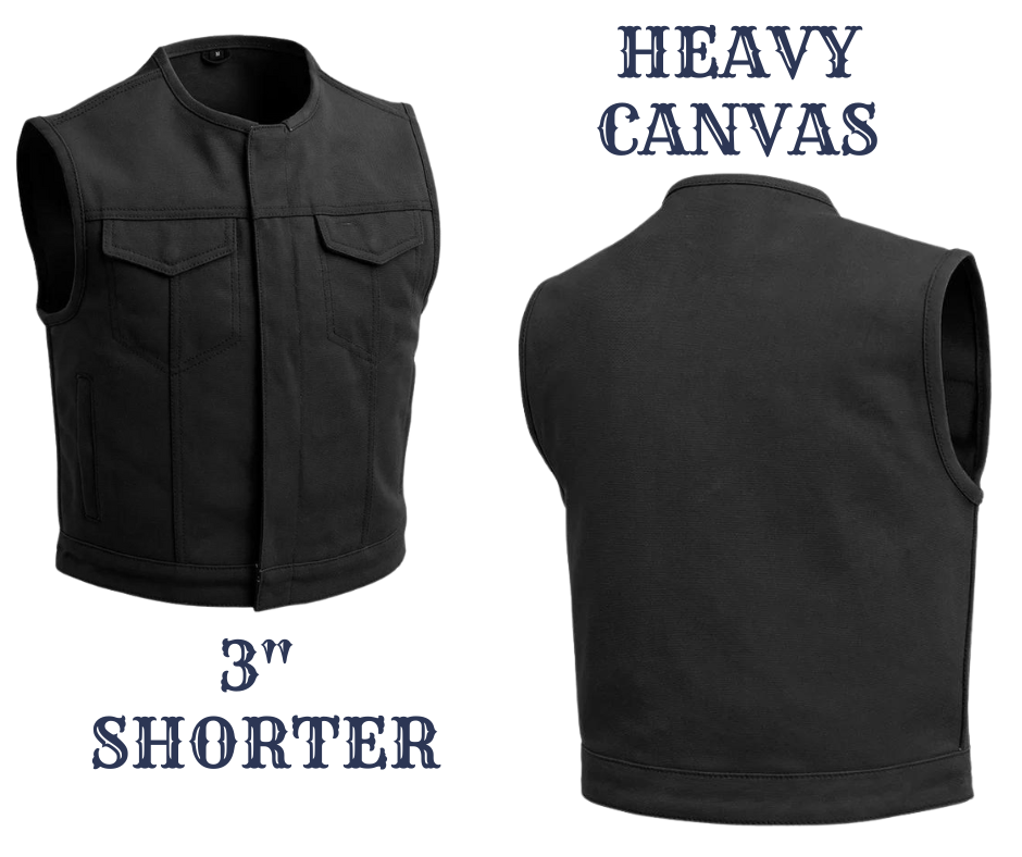 The Lowside Canvas Club Vest by First Mfg is a HEAVY WORK style canvas. For added comfort while riding your motorcycle, this vest runs three inches shorter than the average vest. It also runs a half size smaller for a snugger fit. This versatile piece features concealed carry pockets, a rollup collar, and covered snaps. Unlined for breathability, it's the perfect choice for layering. Stocked in our Smyrna, TN a short ride from Nashville. Available sizes in extra small to 5xl.