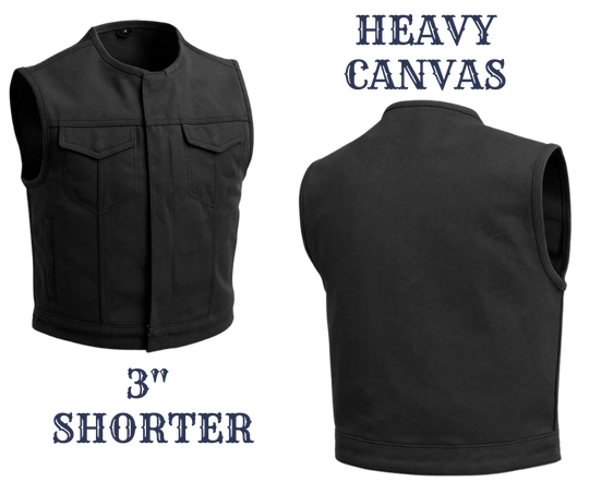 The Lowside Canvas Club Vest by First Mfg is a HEAVY WORK style canvas. For added comfort while riding your motorcycle, this vest runs three inches shorter than the average vest. It also runs a half size smaller for a snugger fit. This versatile piece features concealed carry pockets, a rollup collar, and covered snaps. Unlined for breathability, it's the perfect choice for layering. Stocked in our Smyrna, TN a short ride from Nashville. Available sizes in extra small to 5xl.