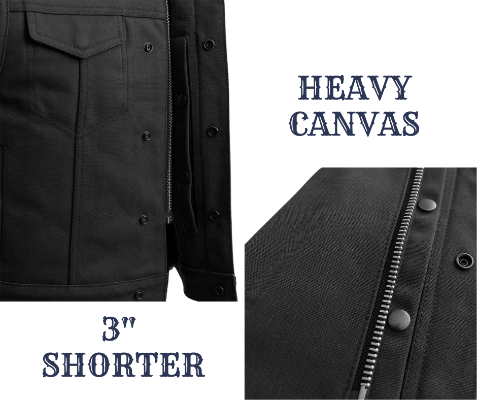 The Lowside Canvas Club Vest by First Mfg is a HEAVY WORK style canvas. For added comfort while riding your motorcycle, this vest runs three inches shorter than the average vest. It also runs a half size smaller for a snugger fit. This versatile piece features concealed carry pockets, a rollup collar, and covered snaps. Unlined for breathability, it's the perfect choice for layering. Stocked in our Smyrna, TN a short ride from Nashville. Available sizes in extra small to 5xl.