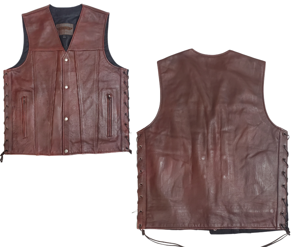 Experience a throwback vibe with our Oxblood Side Lace Leather Vest, perfect for any motorcycle ride. Crafted from cowhide, this vest features convenient conceal carry pockets on the front and a 1 panel back for comfort and style. The snap front closure and classic v-neck add to the overall appeal. Find it at our leather shop in Smyrna, TN, near Nashville in sizes small to 5x.