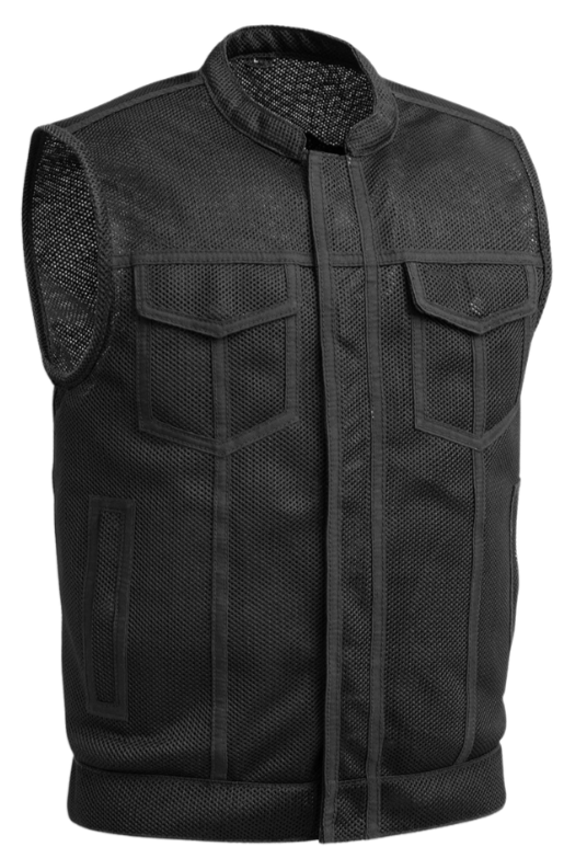 The MESH Club vest, SharpSHOOTER, by First Mfg has great AIRFLOW in hot weather. Stocked in our Smyrna, TN shop near Nashville. Features Mesh construction with collar, covered snaps & hidden cropped zipper. 2 snap down chest pockets, side pockets, & easy access left & inside right conceal carry pockets. Sizes Small-5X.