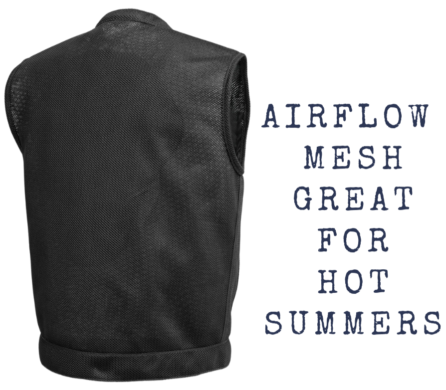 The MESH Club vest, SharpSHOOTER, by First Mfg has great AIRFLOW in hot weather. Stocked in our Smyrna, TN shop near Nashville. Features Mesh construction with collar, covered snaps & hidden cropped zipper. 2 snap down chest pockets, side pockets, & easy access left & inside right conceal carry pockets. Sizes Small-5X.