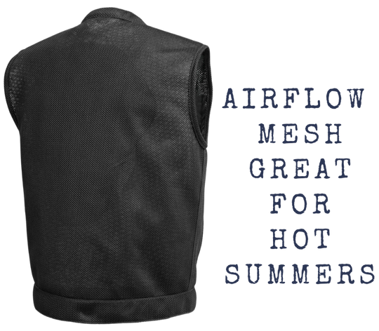 The MESH Club vest, SharpSHOOTER, by First Mfg has great AIRFLOW in hot weather. Stocked in our Smyrna, TN shop near Nashville. Features Mesh construction with collar, covered snaps & hidden cropped zipper. 2 snap down chest pockets, side pockets, & easy access left & inside right conceal carry pockets. Sizes Small-5X.