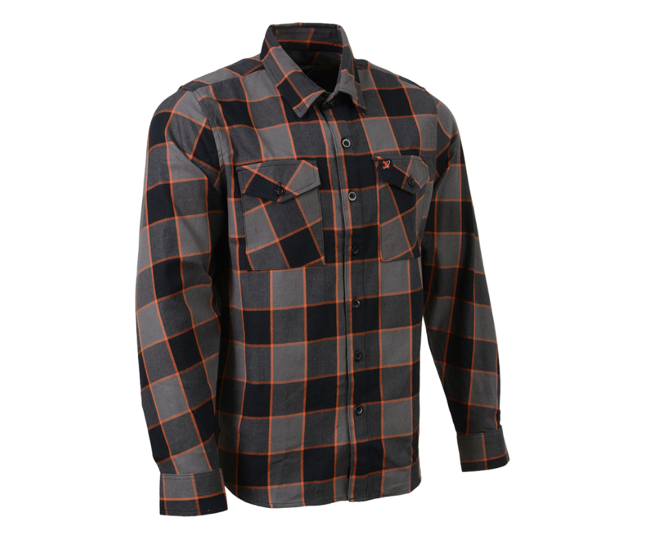 This 100% cotton flannel Orange/Gray/Black shirt exudes classic style. It features a button down collar, two front flap pockets, and a vintage plaid pattern. Perfect for hiking, outdoor work, or riding horses or motorcycles. Never going out of style, and always available in our Smyrna, TN shop. Imported.  Details: Button down collars, Snaps, 2 Pockets, Yokes, Flannel Lining, 100% Cotton