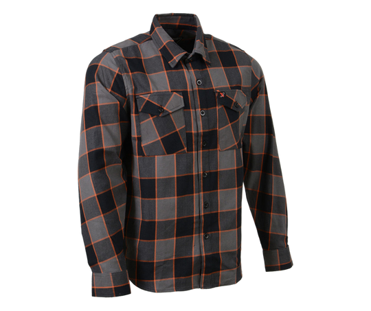 This 100% cotton flannel Orange/Gray/Black shirt exudes classic style. It features a button down collar, two front flap pockets, and a vintage plaid pattern. Perfect for hiking, outdoor work, or riding horses or motorcycles. Never going out of style, and always available in our Smyrna, TN shop. Imported.  Details: Button down collars, Snaps, 2 Pockets, Yokes, Flannel Lining, 100% Cotton