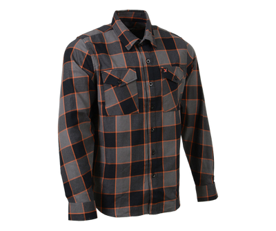 This 100% cotton flannel Orange/Gray/Black shirt exudes classic style. It features a button down collar, two front flap pockets, and a vintage plaid pattern. Perfect for hiking, outdoor work, or riding horses or motorcycles. Never going out of style, and always available in our Smyrna, TN shop. Imported.  Details: Button down collars, Snaps, 2 Pockets, Yokes, Flannel Lining, 100% Cotton