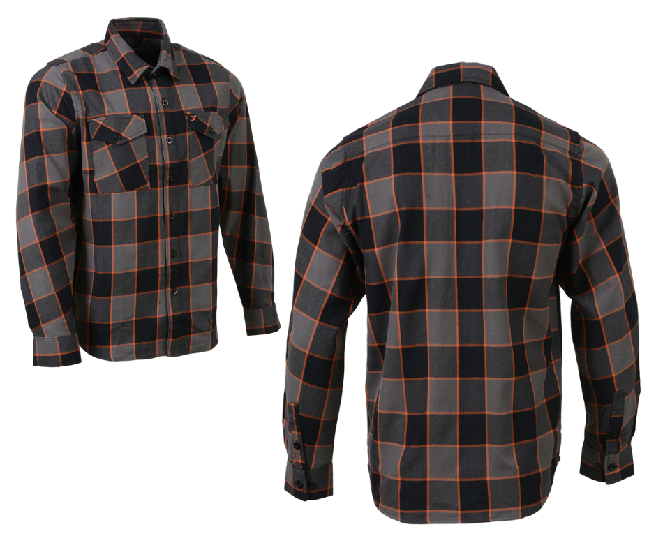 This 100% cotton flannel Orange/Gray/Black shirt exudes classic style. It features a button down collar, two front flap pockets, and a vintage plaid pattern. Perfect for hiking, outdoor work, or riding horses or motorcycles. Never going out of style, and always available in our Smyrna, TN shop. Imported.  Details: Button down collars, Snaps, 2 Pockets, Yokes, Flannel Lining, 100% Cotton