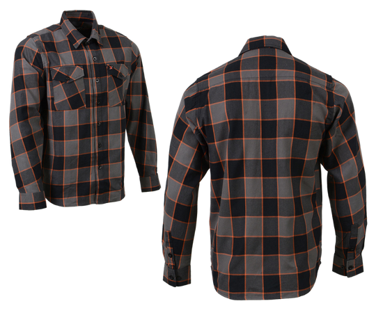 This 100% cotton flannel Orange/Gray/Black shirt exudes classic style. It features a button down collar, two front flap pockets, and a vintage plaid pattern. Perfect for hiking, outdoor work, or riding horses or motorcycles. Never going out of style, and always available in our Smyrna, TN shop. Imported.  Details: Button down collars, Snaps, 2 Pockets, Yokes, Flannel Lining, 100% Cotton