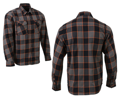 This 100% cotton flannel Orange/Gray/Black shirt exudes classic style. It features a button down collar, two front flap pockets, and a vintage plaid pattern. Perfect for hiking, outdoor work, or riding horses or motorcycles. Never going out of style, and always available in our Smyrna, TN shop. Imported.  Details: Button down collars, Snaps, 2 Pockets, Yokes, Flannel Lining, 100% Cotton