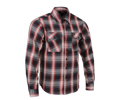 This 100% cotton flannel Red/Gray/Black shirt exudes classic style. It features a button down collar, two front flap pockets, and a vintage plaid pattern. Perfect for hiking, outdoor work, or riding horses or motorcycles. Never going out of style, and always available in our Smyrna, TN shop. Imported.  Details: Button down collars, Snaps, 2 Pockets, Yokes, Flannel Lining, 100% Cotton