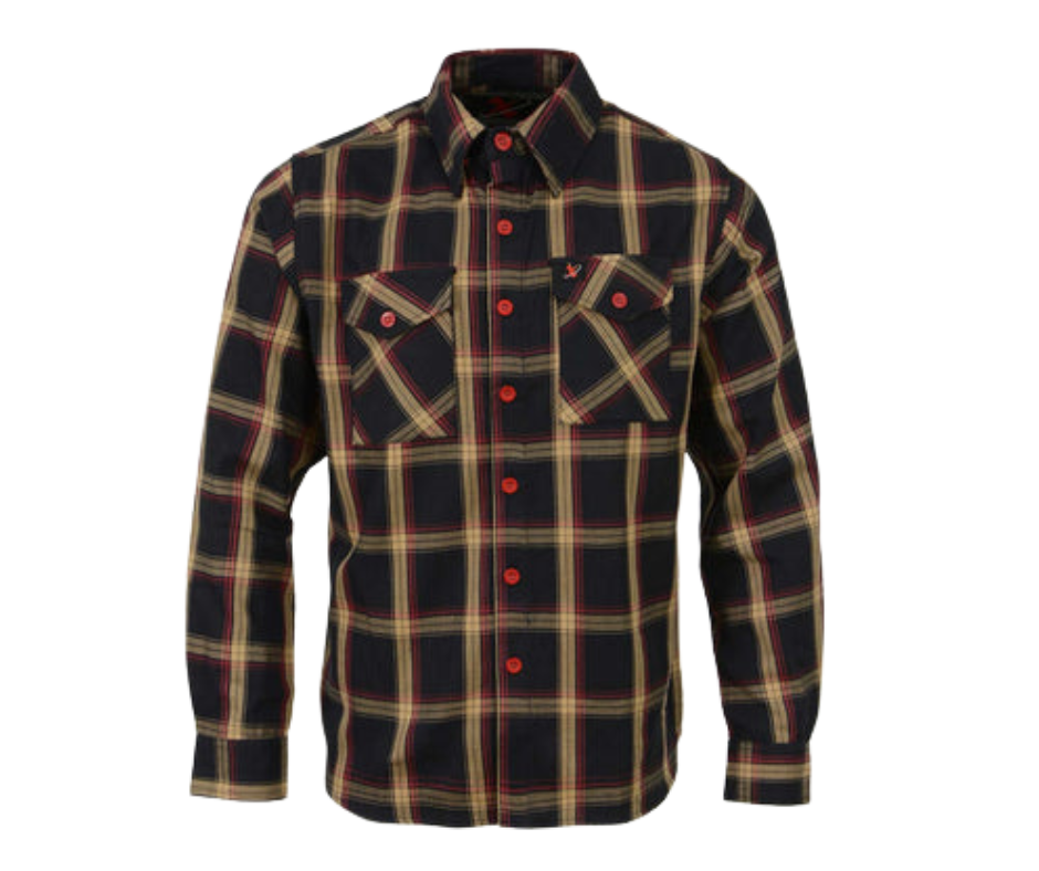 This 100% cotton Red/Yellow/Black flannel Red Button shirt exudes classic style. It features a button down collar, two front flap pockets, and a vintage plaid pattern. Perfect for hiking, outdoor work, or riding horses or motorcycles. Never going out of style, and always available in our Smyrna, TN shop. Imported.  Details: Button down collars, Snaps, 2 Pockets, Yokes, Flannel Lining, 100% Cotton