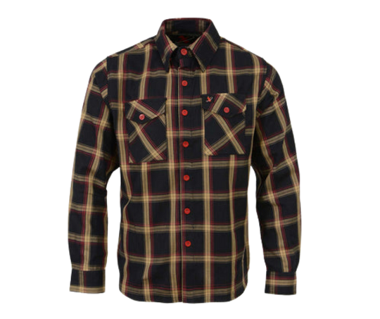 This 100% cotton Red/Yellow/Black flannel Red Button shirt exudes classic style. It features a button down collar, two front flap pockets, and a vintage plaid pattern. Perfect for hiking, outdoor work, or riding horses or motorcycles. Never going out of style, and always available in our Smyrna, TN shop. Imported.  Details: Button down collars, Snaps, 2 Pockets, Yokes, Flannel Lining, 100% Cotton