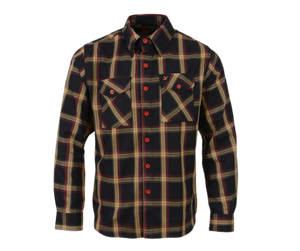 This 100% cotton Red/Yellow/Black flannel Red Button shirt exudes classic style. It features a button down collar, two front flap pockets, and a vintage plaid pattern. Perfect for hiking, outdoor work, or riding horses or motorcycles. Never going out of style, and always available in our Smyrna, TN shop. Imported.  Details: Button down collars, Snaps, 2 Pockets, Yokes, Flannel Lining, 100% Cotton