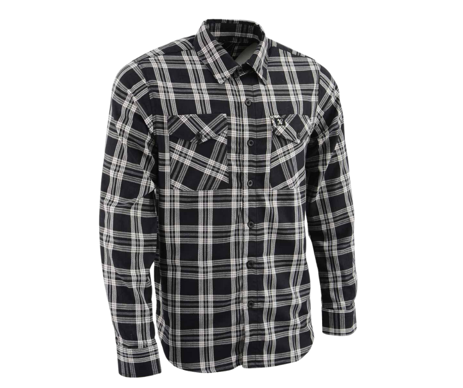 This 100% cotton White/Black flannel shirt exudes classic style. It features a button down collar, two front flap pockets, and a vintage plaid pattern. Perfect for hiking, outdoor work, or riding horses or motorcycles. Never going out of style, and always available in our Smyrna, TN shop. Imported.  Details: Button down collars, Snaps, 2 Pockets, Yokes, Flannel Lining, 100% Cotton