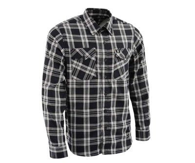 This 100% cotton White/Black flannel shirt exudes classic style. It features a button down collar, two front flap pockets, and a vintage plaid pattern. Perfect for hiking, outdoor work, or riding horses or motorcycles. Never going out of style, and always available in our Smyrna, TN shop. Imported.  Details: Button down collars, Snaps, 2 Pockets, Yokes, Flannel Lining, 100% Cotton