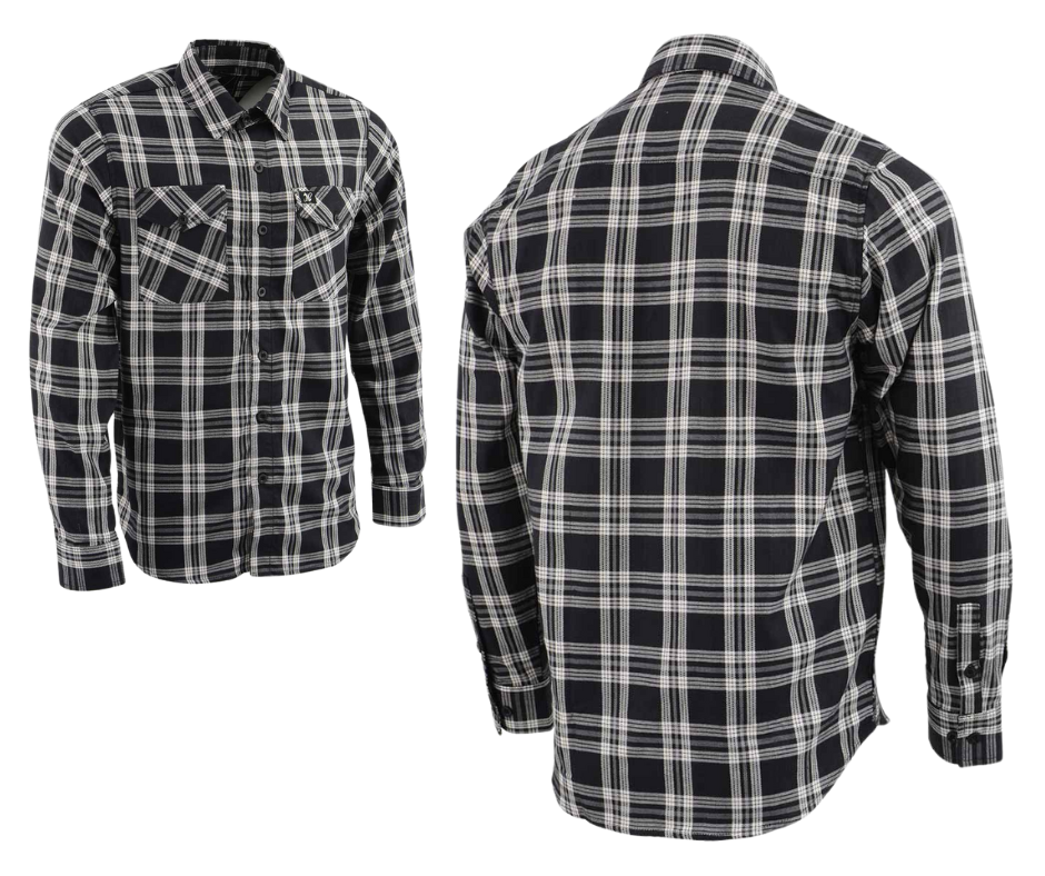 This 100% cotton White/Black flannel shirt exudes classic style. It features a button down collar, two front flap pockets, and a vintage plaid pattern. Perfect for hiking, outdoor work, or riding horses or motorcycles. Never going out of style, and always available in our Smyrna, TN shop. Imported.  Details: Button down collars, Snaps, 2 Pockets, Yokes, Flannel Lining, 100% Cotton