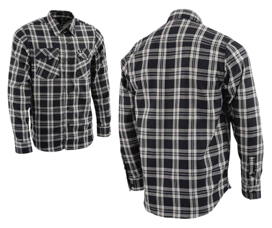 This 100% cotton White/Black flannel shirt exudes classic style. It features a button down collar, two front flap pockets, and a vintage plaid pattern. Perfect for hiking, outdoor work, or riding horses or motorcycles. Never going out of style, and always available in our Smyrna, TN shop. Imported.  Details: Button down collars, Snaps, 2 Pockets, Yokes, Flannel Lining, 100% Cotton