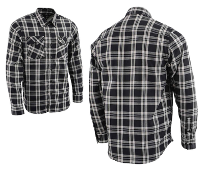 This 100% cotton White/Black flannel shirt exudes classic style. It features a button down collar, two front flap pockets, and a vintage plaid pattern. Perfect for hiking, outdoor work, or riding horses or motorcycles. Never going out of style, and always available in our Smyrna, TN shop. Imported.  Details: Button down collars, Snaps, 2 Pockets, Yokes, Flannel Lining, 100% Cotton