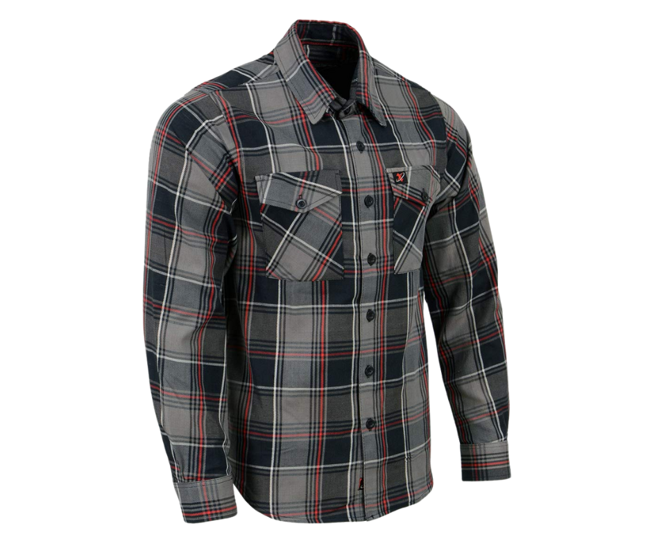 This 100% cotton flannel Red/Gray/Black shirt exudes classic style. It features a button down collar, two front flap pockets, and a vintage plaid pattern. Perfect for hiking, outdoor work, or riding horses or motorcycles. Never going out of style, and always available in our Smyrna, TN shop. Imported.  Details: Button down collars, Snaps, 2 Pockets, Yokes, Flannel Lining, 100% Cotton