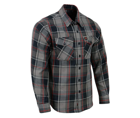 This 100% cotton flannel Red/Gray/Black shirt exudes classic style. It features a button down collar, two front flap pockets, and a vintage plaid pattern. Perfect for hiking, outdoor work, or riding horses or motorcycles. Never going out of style, and always available in our Smyrna, TN shop. Imported.  Details: Button down collars, Snaps, 2 Pockets, Yokes, Flannel Lining, 100% Cotton