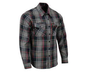 This 100% cotton flannel Red/Gray/Black shirt exudes classic style. It features a button down collar, two front flap pockets, and a vintage plaid pattern. Perfect for hiking, outdoor work, or riding horses or motorcycles. Never going out of style, and always available in our Smyrna, TN shop. Imported.  Details: Button down collars, Snaps, 2 Pockets, Yokes, Flannel Lining, 100% Cotton