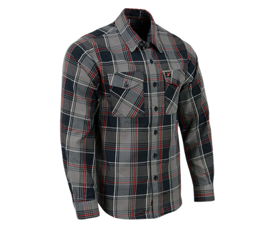 This 100% cotton flannel Red/Gray/Black shirt exudes classic style. It features a button down collar, two front flap pockets, and a vintage plaid pattern. Perfect for hiking, outdoor work, or riding horses or motorcycles. Never going out of style, and always available in our Smyrna, TN shop. Imported.  Details: Button down collars, Snaps, 2 Pockets, Yokes, Flannel Lining, 100% Cotton