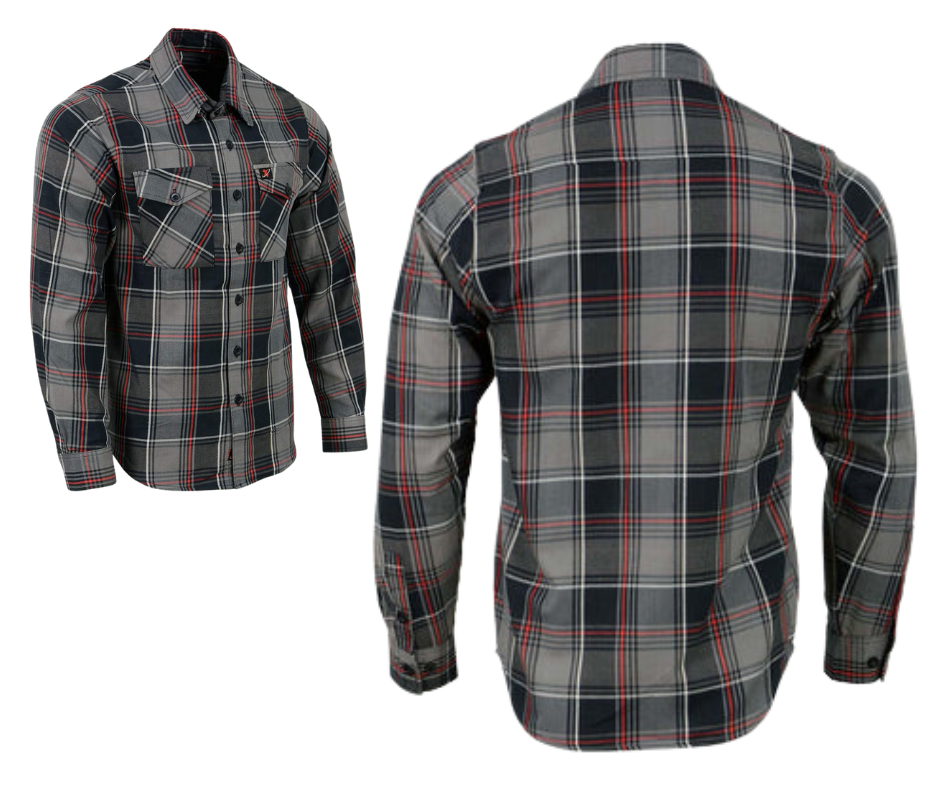 This 100% cotton flannel Red/Gray/Black shirt exudes classic style. It features a button down collar, two front flap pockets, and a vintage plaid pattern. Perfect for hiking, outdoor work, or riding horses or motorcycles. Never going out of style, and always available in our Smyrna, TN shop. Imported.  Details: Button down collars, Snaps, 2 Pockets, Yokes, Flannel Lining, 100% Cotton