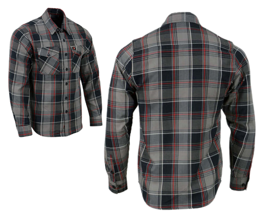 This 100% cotton flannel Red/Gray/Black shirt exudes classic style. It features a button down collar, two front flap pockets, and a vintage plaid pattern. Perfect for hiking, outdoor work, or riding horses or motorcycles. Never going out of style, and always available in our Smyrna, TN shop. Imported.  Details: Button down collars, Snaps, 2 Pockets, Yokes, Flannel Lining, 100% Cotton