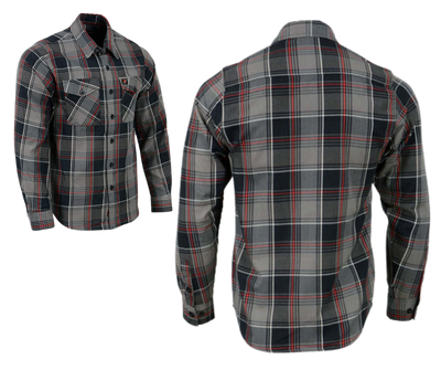 This 100% cotton flannel Red/Gray/Black shirt exudes classic style. It features a button down collar, two front flap pockets, and a vintage plaid pattern. Perfect for hiking, outdoor work, or riding horses or motorcycles. Never going out of style, and always available in our Smyrna, TN shop. Imported.  Details: Button down collars, Snaps, 2 Pockets, Yokes, Flannel Lining, 100% Cotton