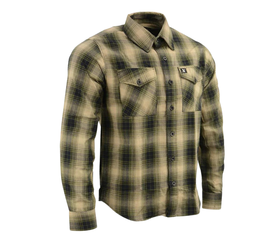 This 100% cotton Beige/Black/Olive flannel shirt exudes classic style. It features a button down collar, two front flap pockets, and a vintage plaid pattern. Perfect for hiking, outdoor work, or riding horses or motorcycles. Never going out of style, and always available in our Smyrna, TN shop. Imported.  Details: Button down collars, Snaps, 2 Pockets, Yokes, Flannel Lining, 100% Cotton  &nbsp;