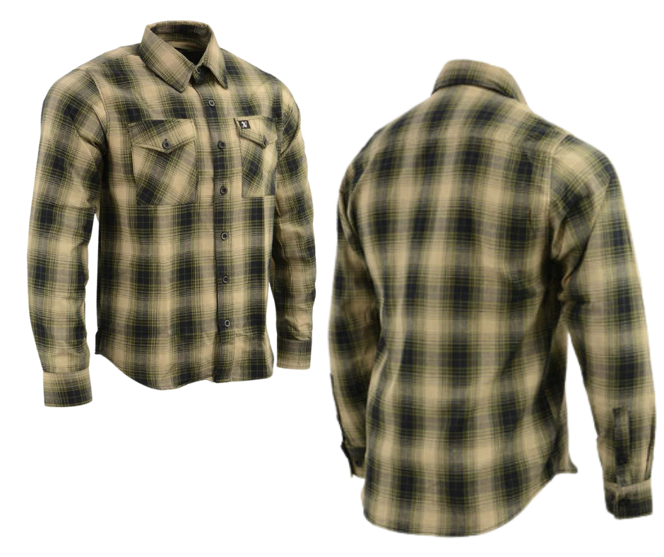 This 100% cotton Beige/Black/Olive flannel shirt exudes classic style. It features a button down collar, two front flap pockets, and a vintage plaid pattern. Perfect for hiking, outdoor work, or riding horses or motorcycles. Never going out of style, and always available in our Smyrna, TN shop. Imported.  Details: Button down collars, Snaps, 2 Pockets, Yokes, Flannel Lining, 100% Cotton  &nbsp;