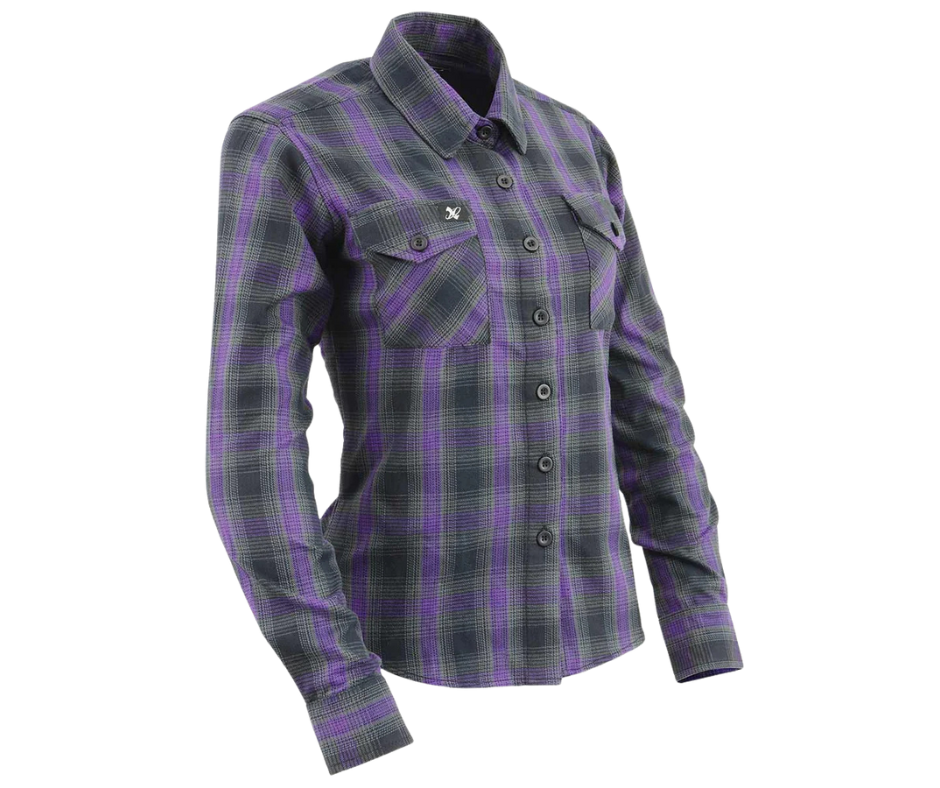 This 100% cotton Black/Purple/Grey plaid flannel shirt is classic style. It features a button down collar, two front flap pockets, and a vintage plaid pattern. Perfect for hiking, outdoor work, or riding horses or motorcycles. Never going out of style, and always available in our Smyrna, TN shop. Imported.

Details: Button down collars, Snaps, 2 Pockets, Yokes, Flannel Lining, 100% Cotton