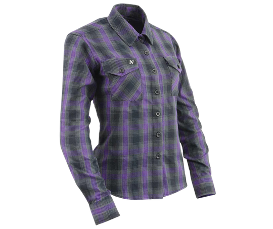 This 100% cotton Black/Purple/Grey plaid flannel shirt is classic style. It features a button down collar, two front flap pockets, and a vintage plaid pattern. Perfect for hiking, outdoor work, or riding horses or motorcycles. Never going out of style, and always available in our Smyrna, TN shop. Imported.

Details: Button down collars, Snaps, 2 Pockets, Yokes, Flannel Lining, 100% Cotton