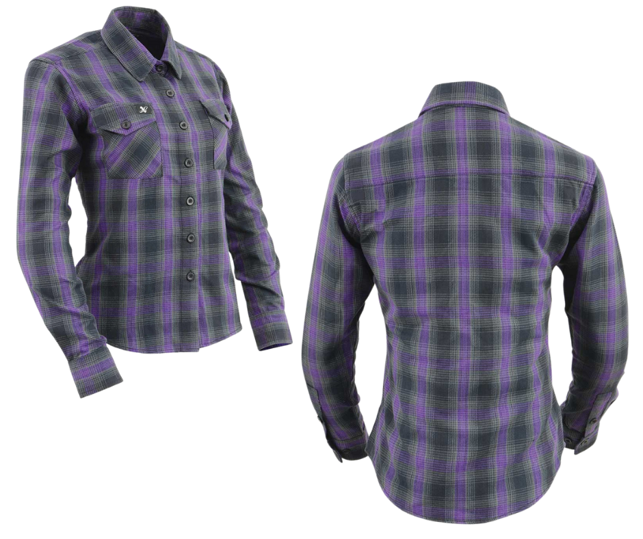 This 100% cotton Black/Purple/Grey plaid flannel shirt is classic style. It features a button down collar, two front flap pockets, and a vintage plaid pattern. Perfect for hiking, outdoor work, or riding horses or motorcycles. Never going out of style, and always available in our Smyrna, TN shop. Imported.

Details: Button down collars, Snaps, 2 Pockets, Yokes, Flannel Lining, 100% Cotton