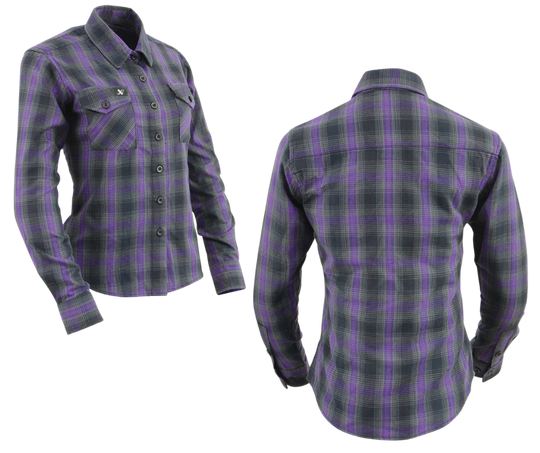 This 100% cotton Black/Purple/Grey plaid flannel shirt is classic style. It features a button down collar, two front flap pockets, and a vintage plaid pattern. Perfect for hiking, outdoor work, or riding horses or motorcycles. Never going out of style, and always available in our Smyrna, TN shop. Imported.

Details: Button down collars, Snaps, 2 Pockets, Yokes, Flannel Lining, 100% Cotton