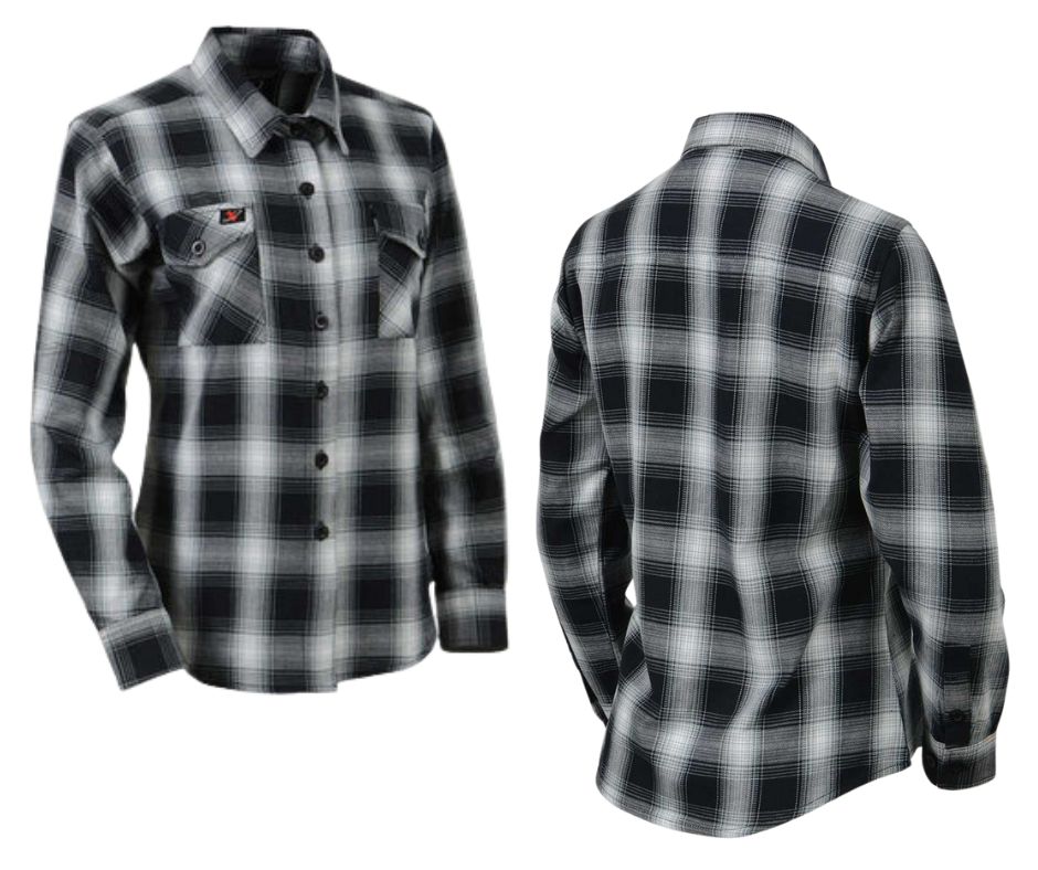 This 100% cotton Black/White plaid flannel shirt is classic style. It features a button down collar, two front flap pockets, and a vintage plaid pattern. Perfect for hiking, outdoor work, or riding horses or motorcycles. Never going out of style, and always available in our Smyrna, TN shop. Imported.

Details: Button down collars, Snaps, 2 Pockets, Yokes, Flannel Lining, 100% Cotton