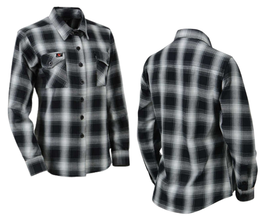 This 100% cotton Black/White plaid flannel shirt is classic style. It features a button down collar, two front flap pockets, and a vintage plaid pattern. Perfect for hiking, outdoor work, or riding horses or motorcycles. Never going out of style, and always available in our Smyrna, TN shop. Imported.

Details: Button down collars, Snaps, 2 Pockets, Yokes, Flannel Lining, 100% Cotton