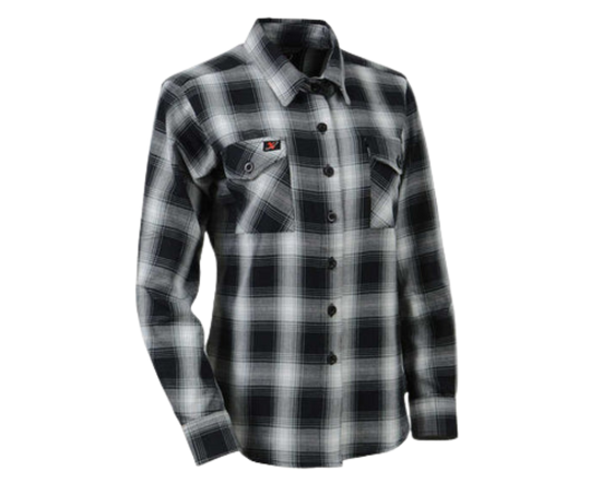 This 100% cotton Black/White plaid flannel shirt is classic style. It features a button down collar, two front flap pockets, and a vintage plaid pattern. Perfect for hiking, outdoor work, or riding horses or motorcycles. Never going out of style, and always available in our Smyrna, TN shop. Imported.

Details: Button down collars, Snaps, 2 Pockets, Yokes, Flannel Lining, 100% Cotton