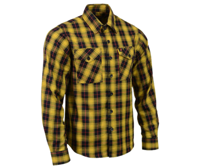This 100% cotton Yellow/Red/Black flannel shirt exudes classic style. It features a button down collar, two front flap pockets, and a vintage plaid pattern. Perfect for hiking, outdoor work, or riding horses or motorcycles. Never going out of style, and always available in our Smyrna, TN shop. Imported.  Details: Button down collars, Snaps, 2 Pockets, Yokes, Flannel Lining, 100% Cotton