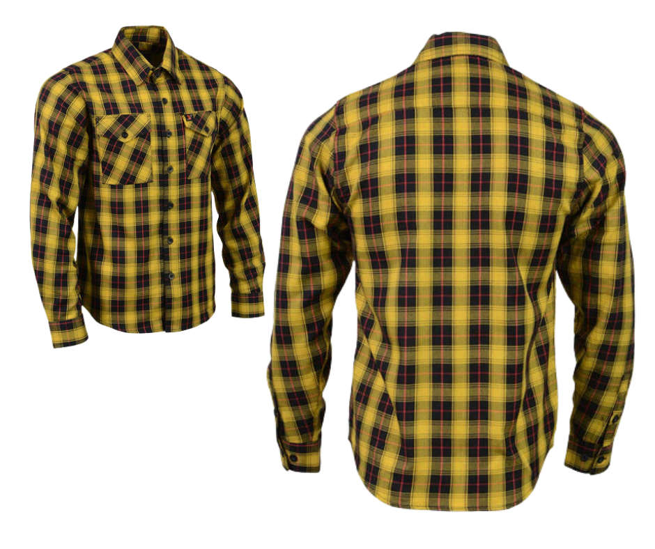 This 100% cotton Yellow/Red/Black flannel shirt exudes classic style. It features a button down collar, two front flap pockets, and a vintage plaid pattern. Perfect for hiking, outdoor work, or riding horses or motorcycles. Never going out of style, and always available in our Smyrna, TN shop. Imported.  Details: Button down collars, Snaps, 2 Pockets, Yokes, Flannel Lining, 100% Cotton