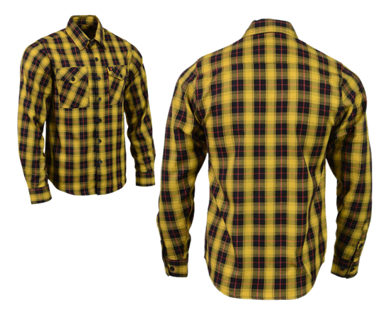 This 100% cotton Yellow/Red/Black flannel shirt exudes classic style. It features a button down collar, two front flap pockets, and a vintage plaid pattern. Perfect for hiking, outdoor work, or riding horses or motorcycles. Never going out of style, and always available in our Smyrna, TN shop. Imported.  Details: Button down collars, Snaps, 2 Pockets, Yokes, Flannel Lining, 100% Cotton