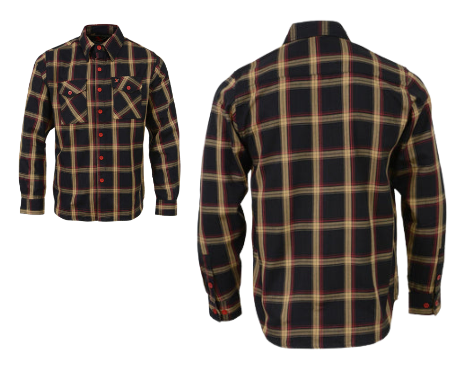 This 100% cotton Red/Yellow/Black flannel Red Button shirt exudes classic style. It features a button down collar, two front flap pockets, and a vintage plaid pattern. Perfect for hiking, outdoor work, or riding horses or motorcycles. Never going out of style, and always available in our Smyrna, TN shop. Imported.  Details: Button down collars, Snaps, 2 Pockets, Yokes, Flannel Lining, 100% Cotton